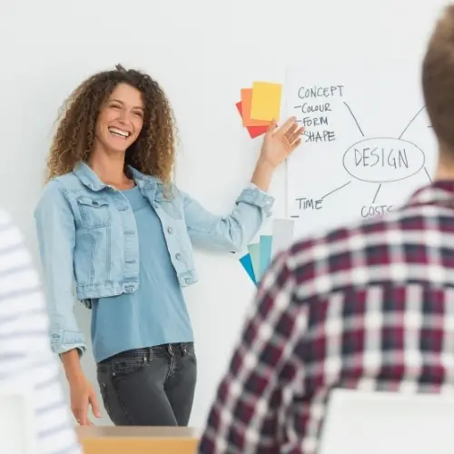 design presenting her ideas and concepts to client