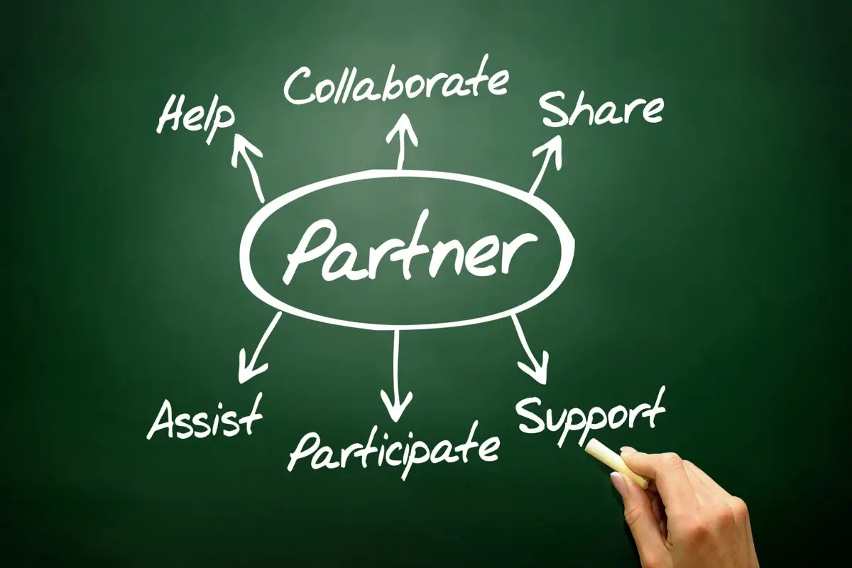 Chalkboard with the word “Partner” circled in the center and arrows pointing to help, collaborate, share, assist, participate, and support.